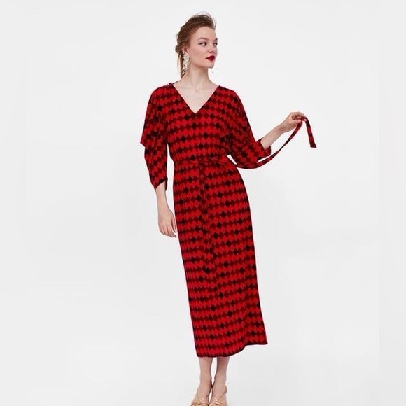 NWT ZARA Geometric Print Red Midi/Maxi Belted Dress Size Medium - Picture 2 of 13